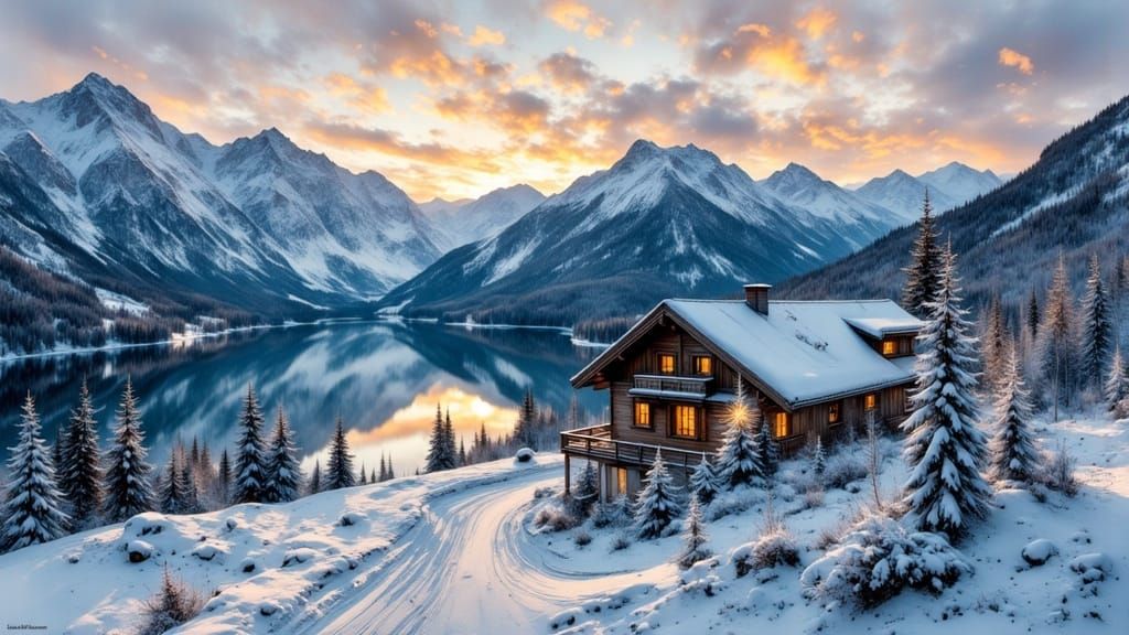 Snowy Winter Dreamscape at Sunset, Mountain Chalet