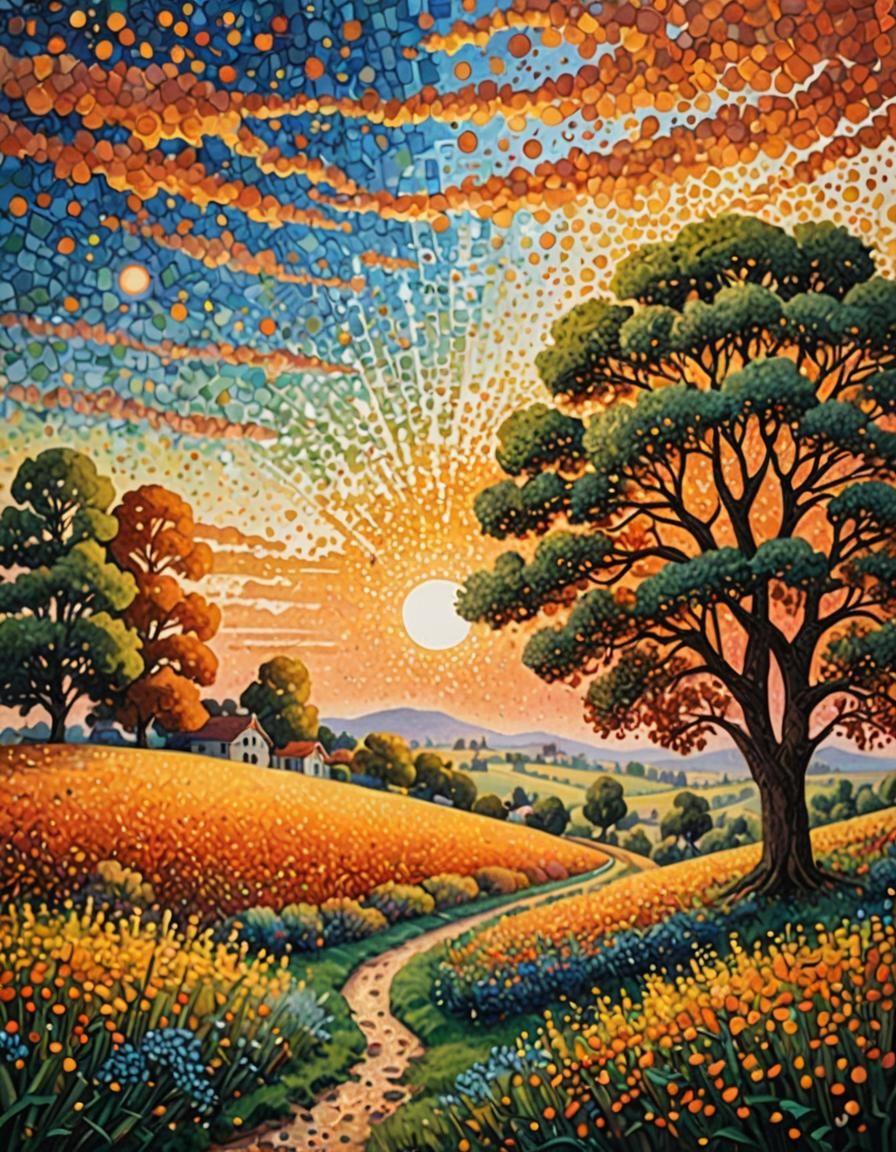 Pointillist landscape with a sunset