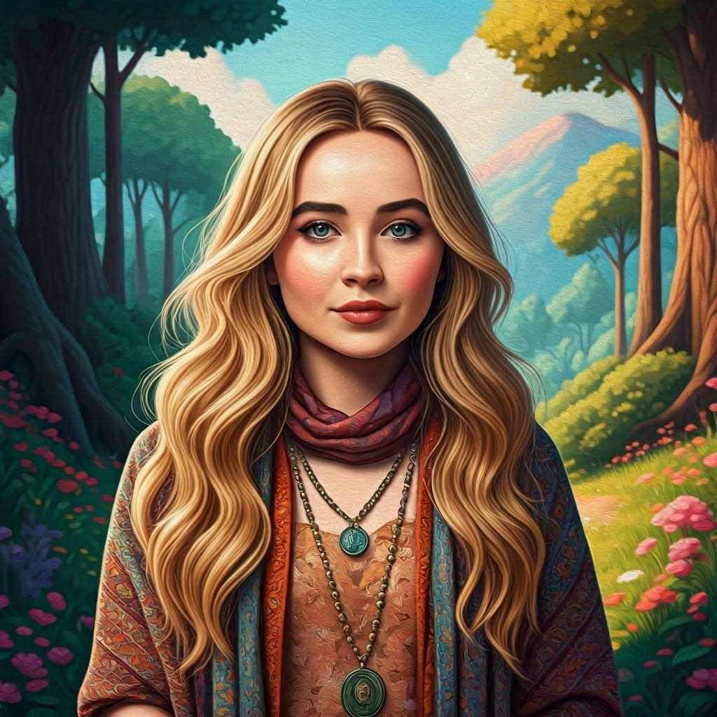 Teenage Girl in Whimsical Forest, Digital Oil Painting