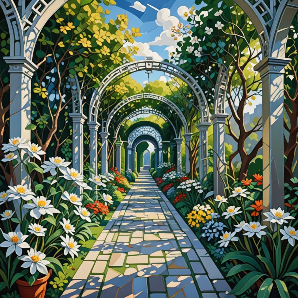 Neo-Cubist Garden Path with Silver Flowers