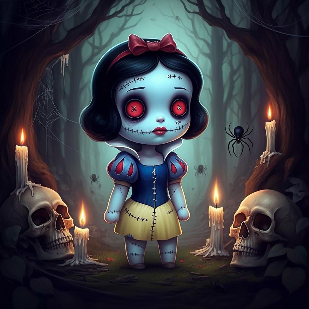 Gothic Snow White Voodoo Doll in Dark Forest