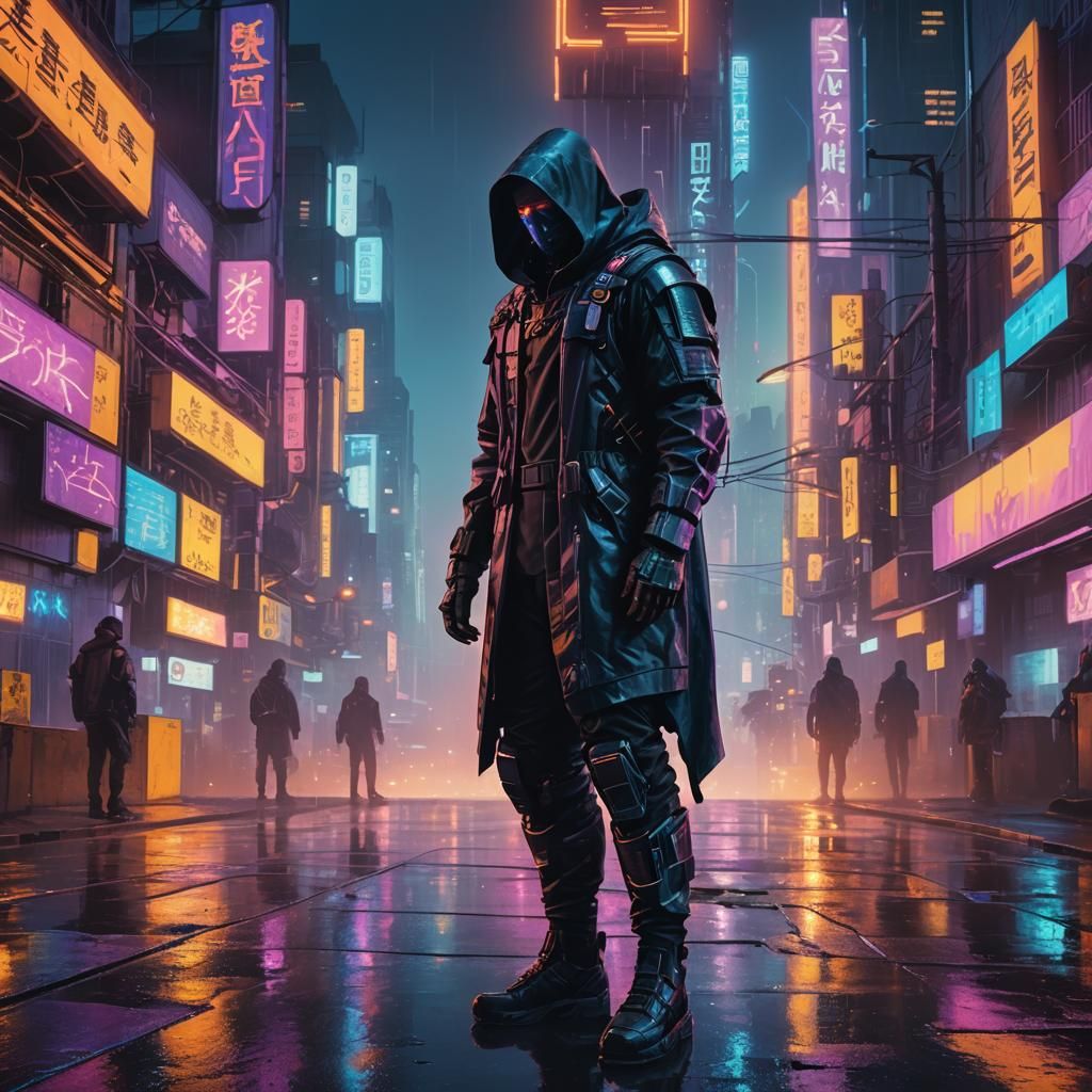 Cyberpunk Hooded Figure in Neon Cityscape