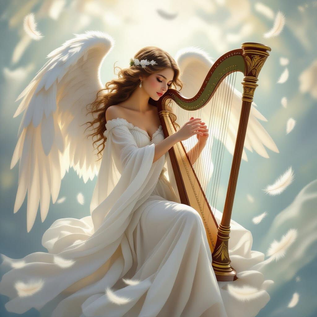 Serene Angel Playing Harp in Dreamy Light