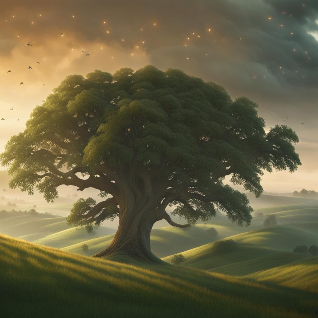 Epic Landscape: Towering Tree Among Misty Hills