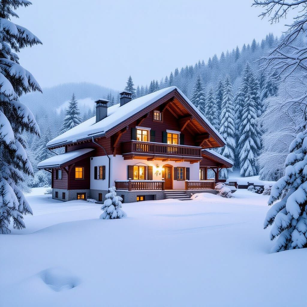 Cozy Mountain Home in Snowy Winter Landscape