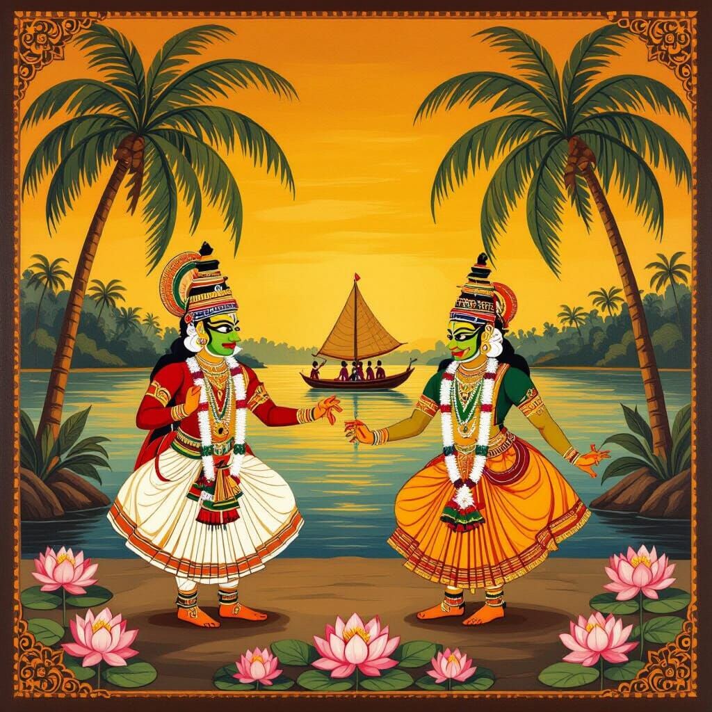 Kathakali and Theyyam Dancers in Kerala Mural Painting