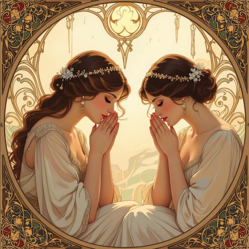 Elegant Women Praying in Art Nouveau Style