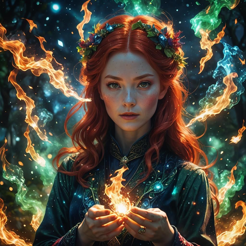 Red-Haired Fire Magician in Dream Garden