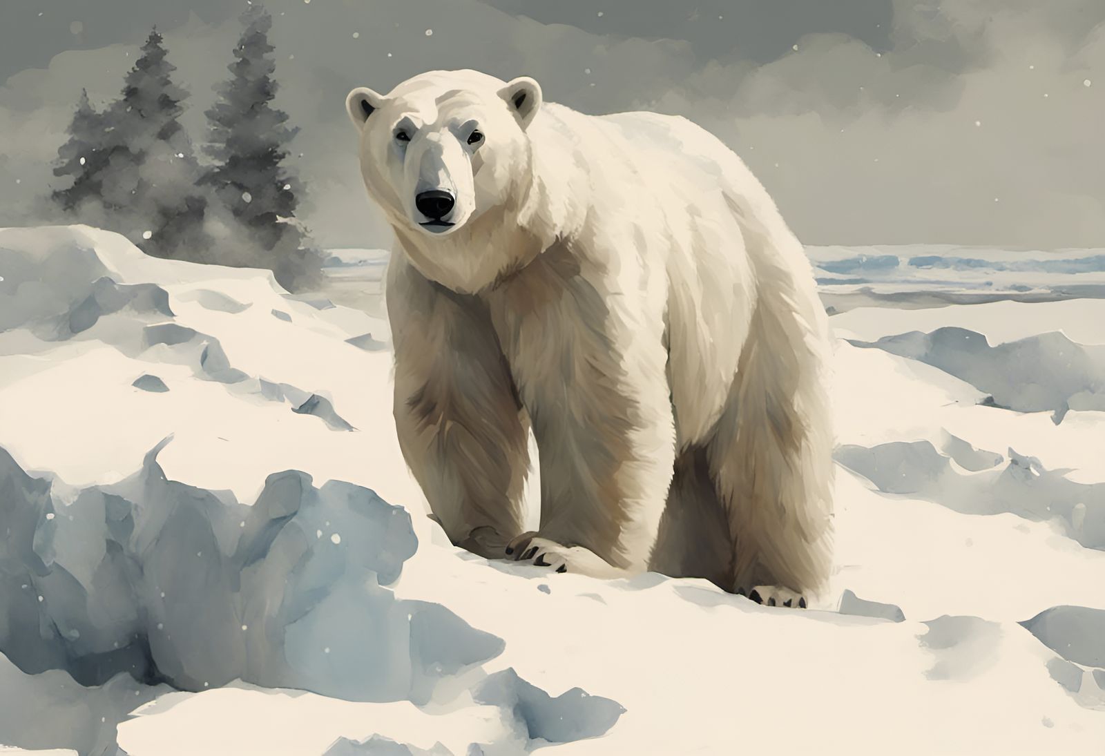 Polar Bear in Winter Landscape Watercolor Painting