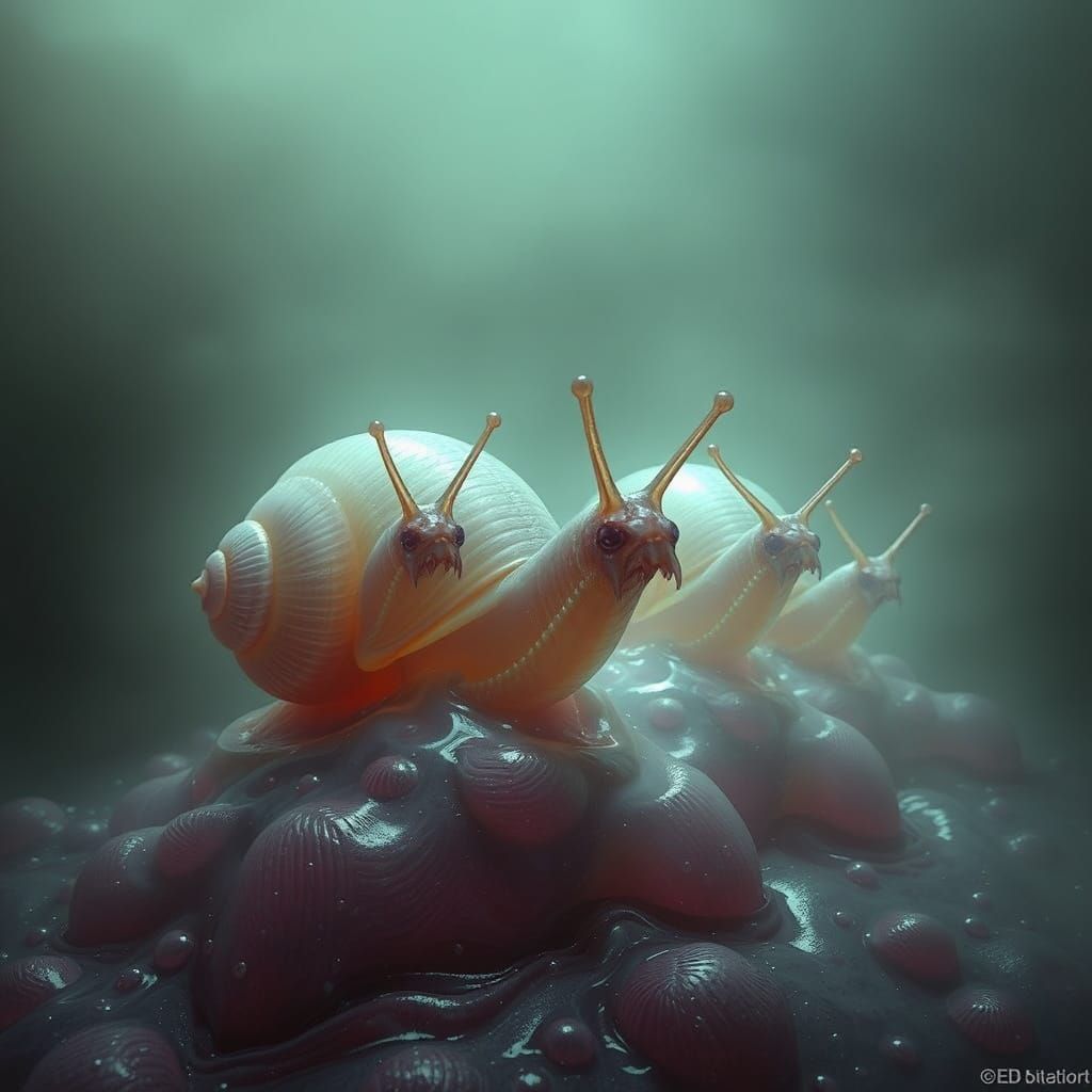 Grotesque Snails Emerge from Biomechanical Goo in a Dark, Ir...