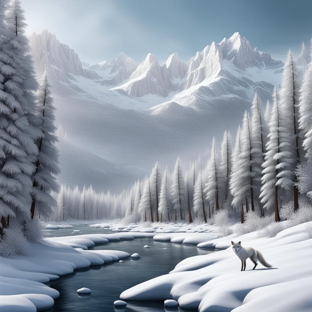 Hyperrealistic Frozen River Scene with White Fox