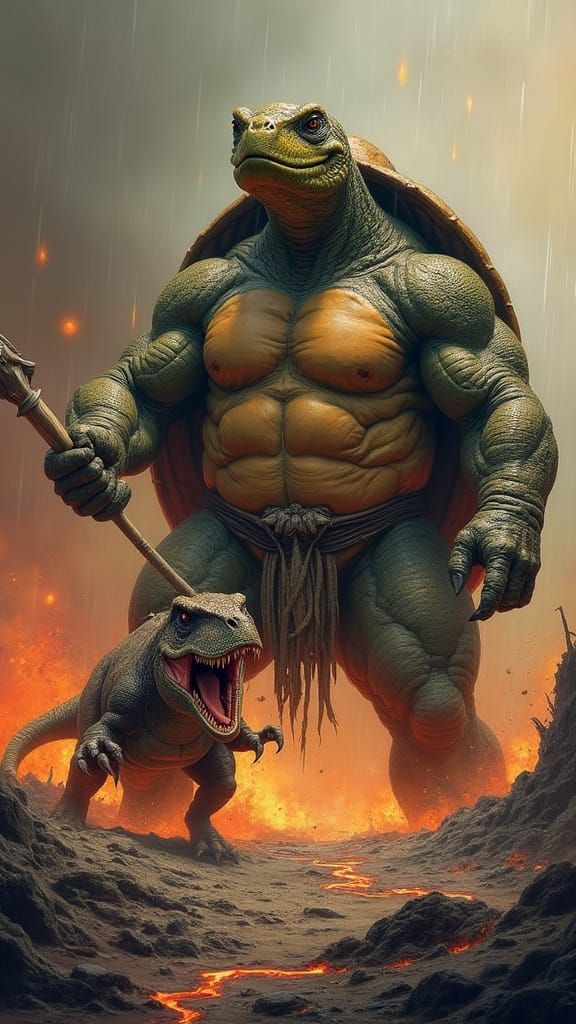 Turtle Warrior Fights Dinosaur on Scorched Volcanic Plain