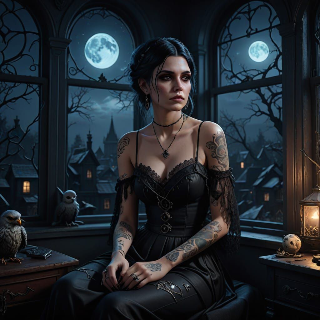 Gothic Alternative Girl Under Moonlight Cries in Her Dark Be...