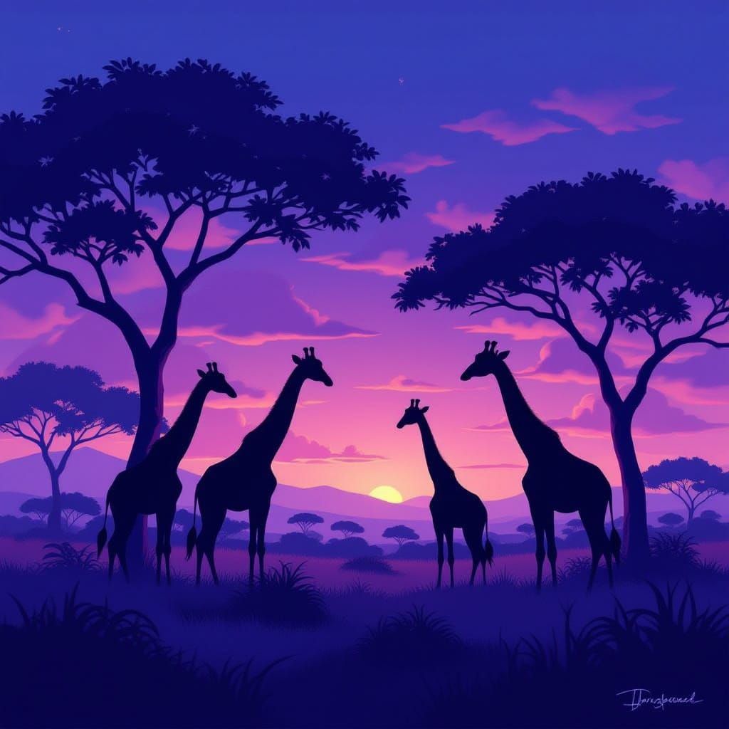 Giraffes Silhouetted Against Violet Twilight Sky