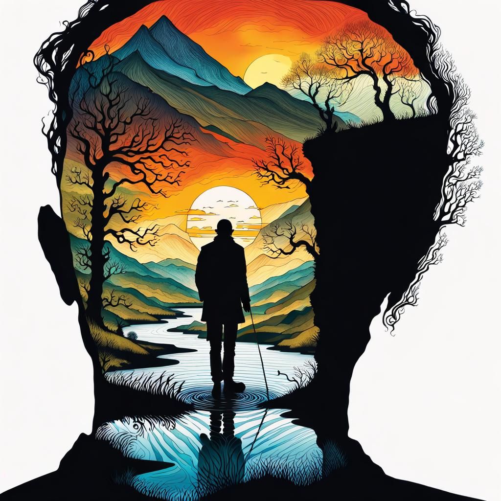 Silhouette of Man in Landscape, Double Exposure Ink Drawing