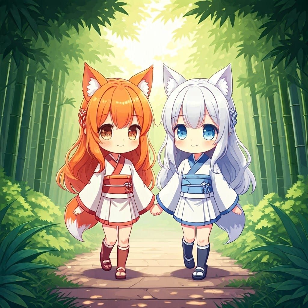Chibi Fox Girls in Bamboo Forest: Anime Style