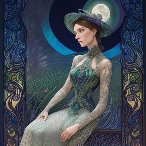 Art Nouveau Woman With Peacock Feather & Stained Glass Hat