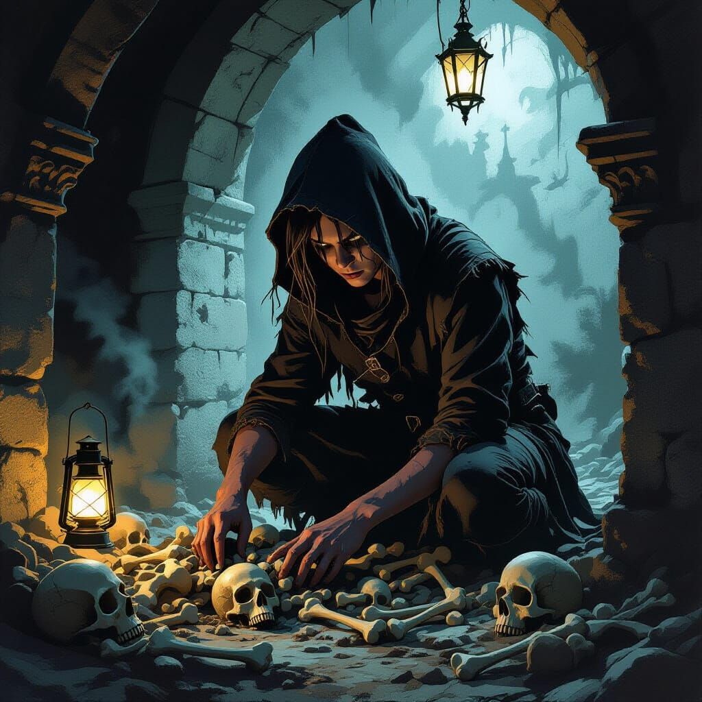 Grave Robber in Dimly Lit Crypt Dark Fantasy Art