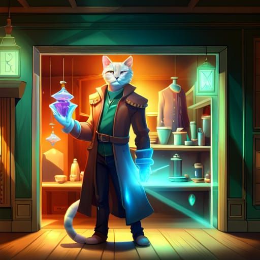 Cat Humanoid in Crystal Shop: Digital Illustration