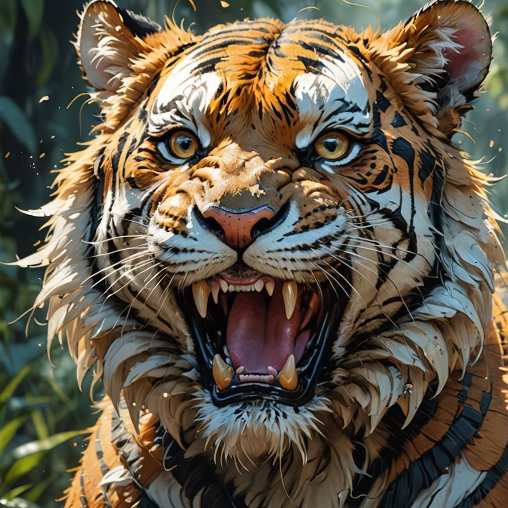 Laughing Fluffy Tiger Portrait in Detailed Concept Art