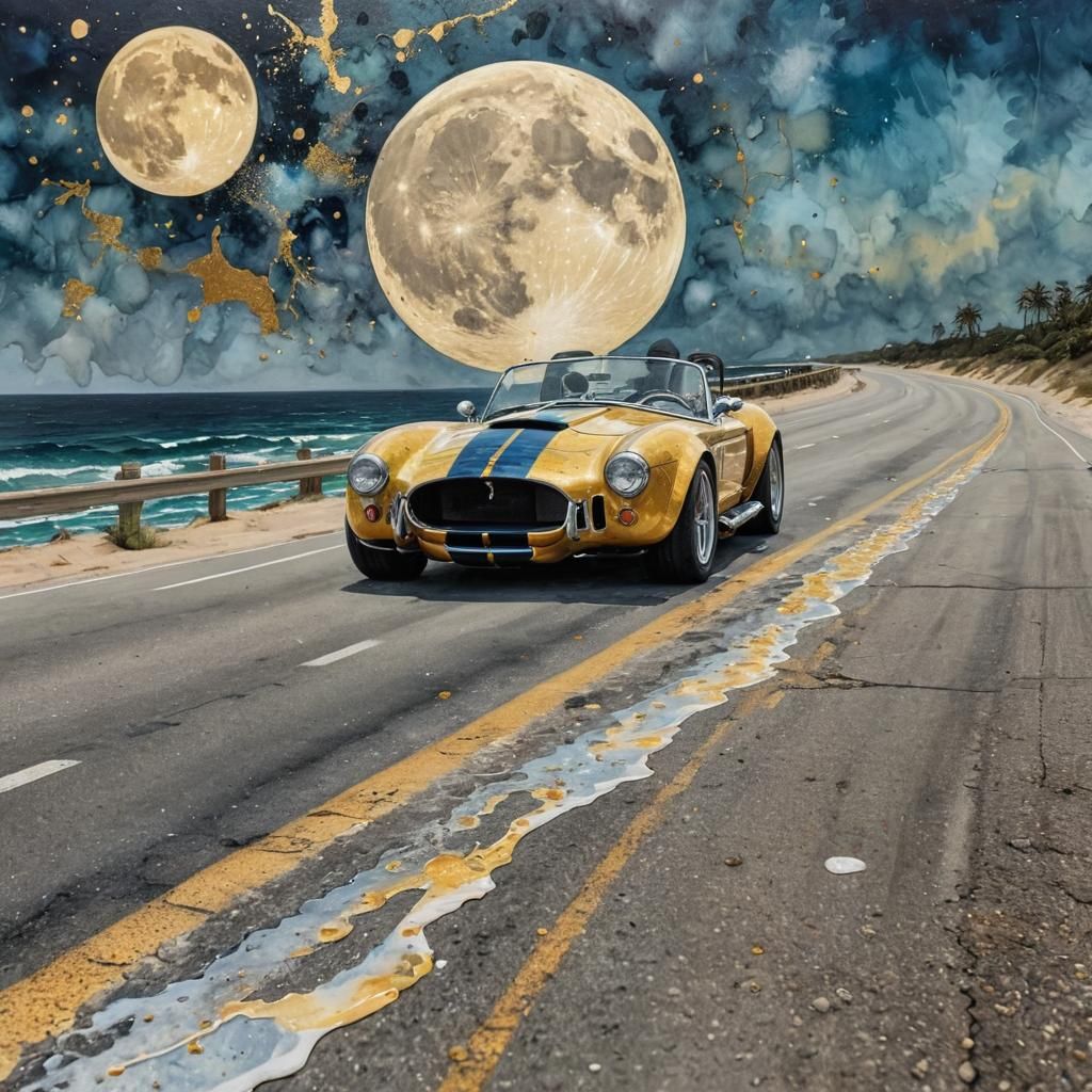 Shelby Cobra on Beach Road with Moon, Alcohol-Ink Style