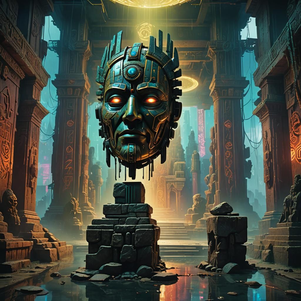 Psychedelic Cyberpunk Temple With Ancient Mask