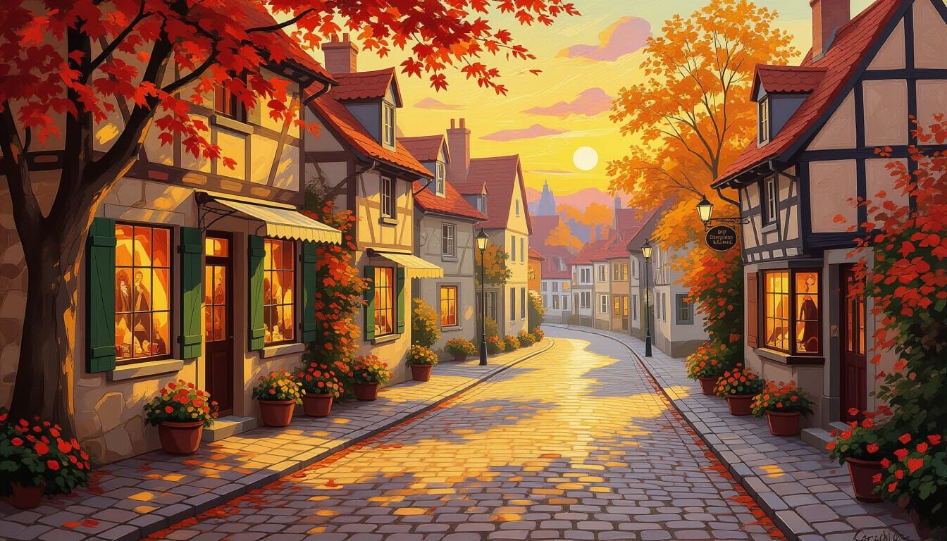 Radiant Autumn Town in Golden Sunset Light