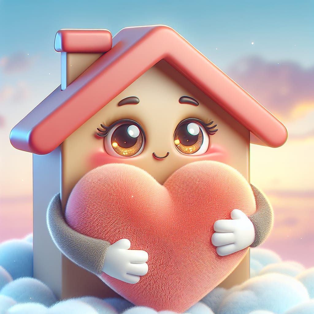 Charming Cartoon House Hugging a Fluffy Heart