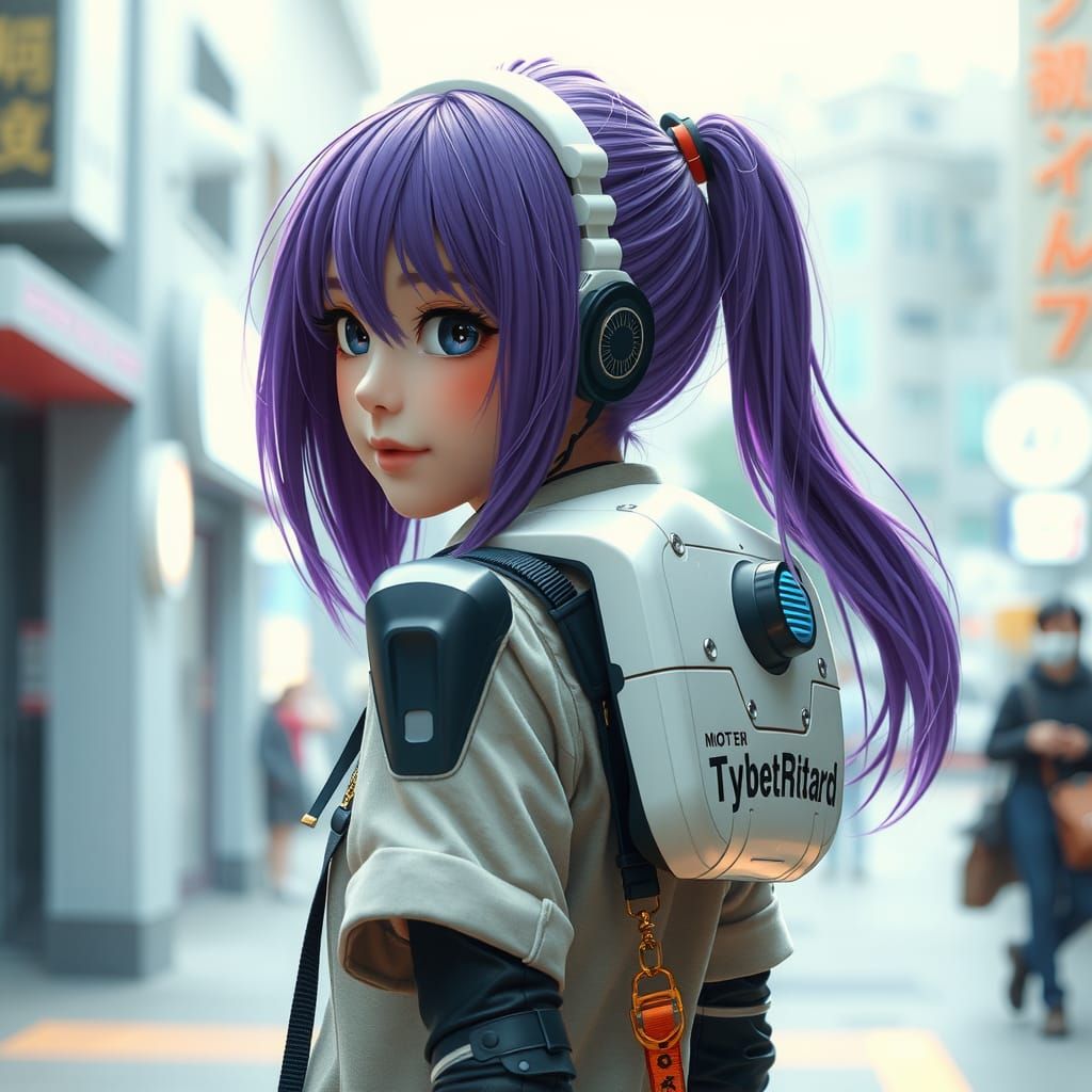 Cyberpunk Schoolgirl with Robot Companion
