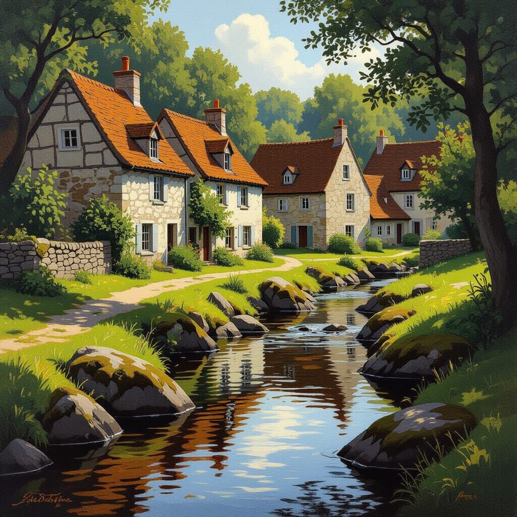 Picturesque Village River Scene in Oil on Canvas Style