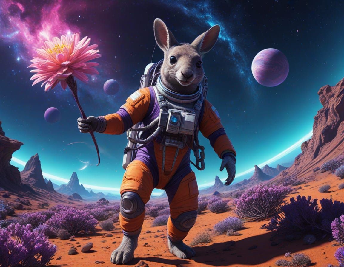 Kangaroo Astronaut with Glowing Flower on Alien Planet