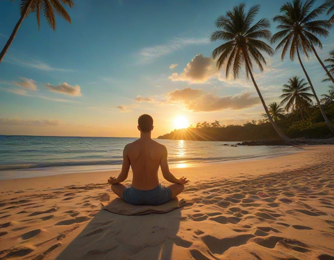 Man Meditating on Tropical Beach at Sunset