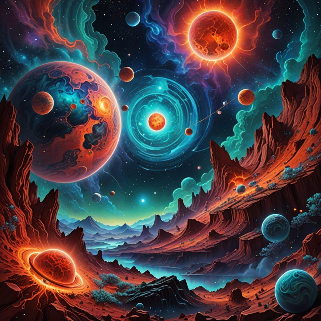 Cosmic Surrealist Art of Mars' Iridescent Moons