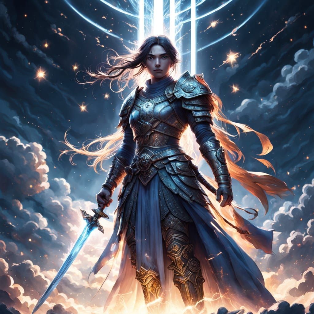 Celestial Warrior Girl with Glowing Sword