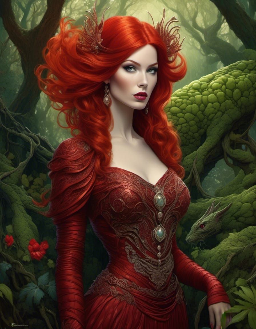 Red-Headed Maiden in Bush: Fantasy Art