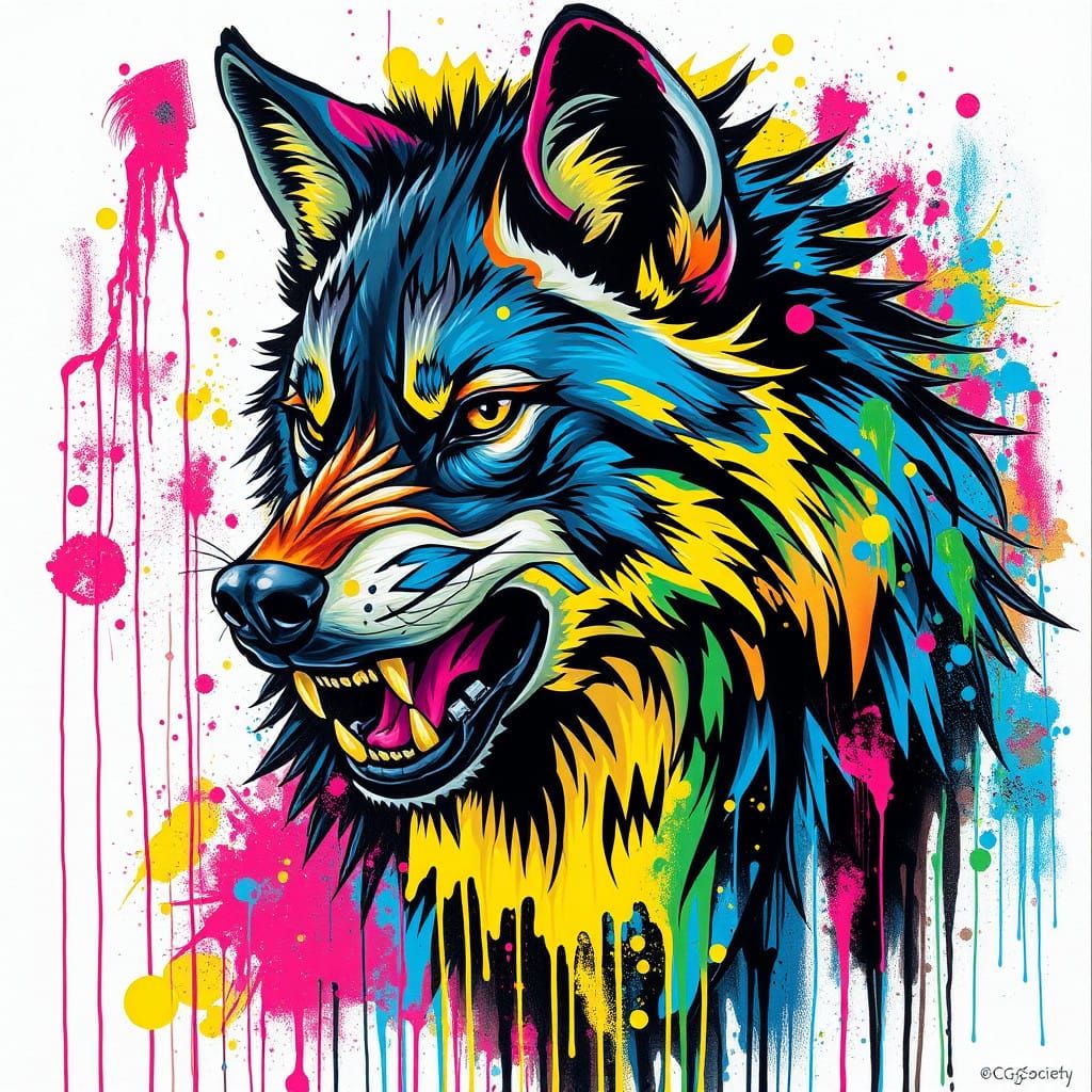 Wolf Transformed by Lunar Energy in Vibrant Graffiti Style