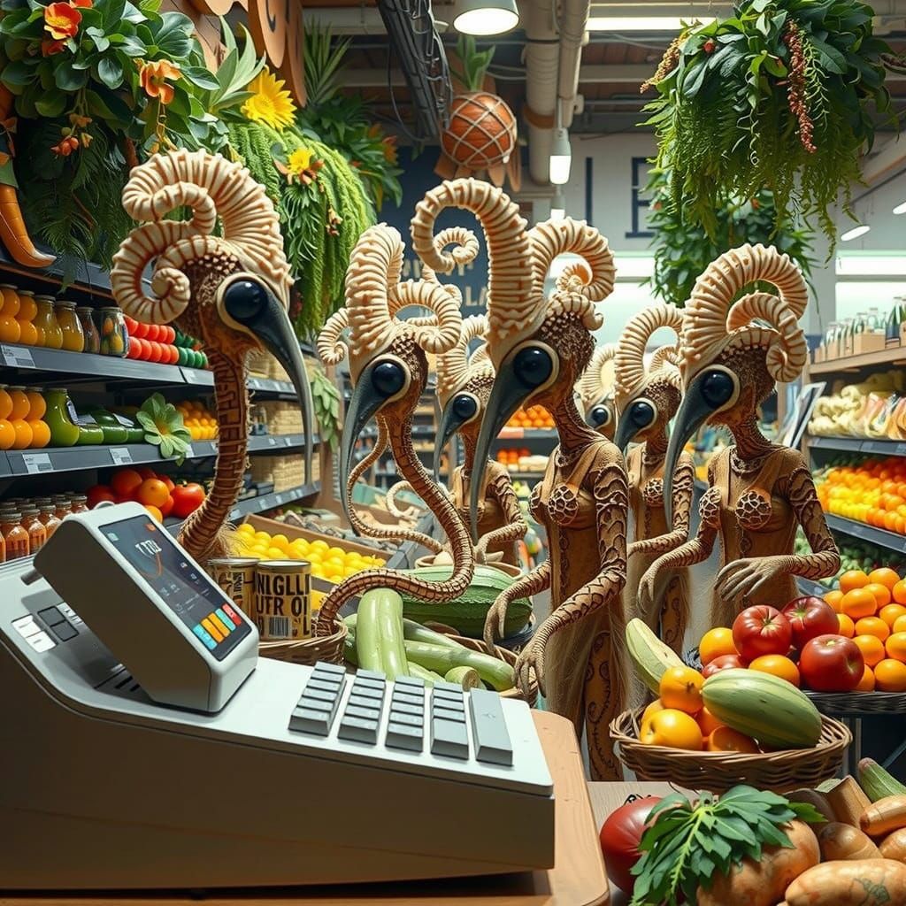 Whimsical Octopus Cashiers in a Bauhaus Grocery Store