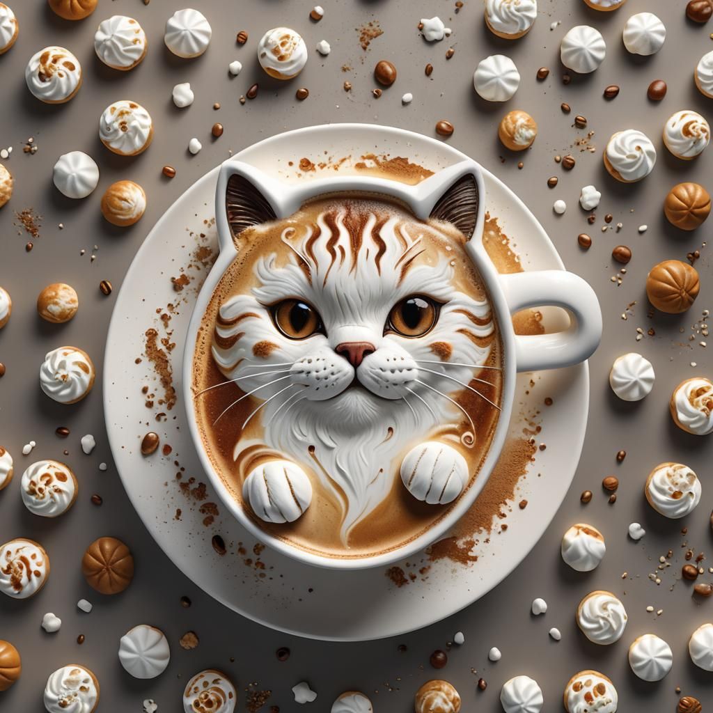Cappuccino Cat Foam Art: Detailed Matte Painting