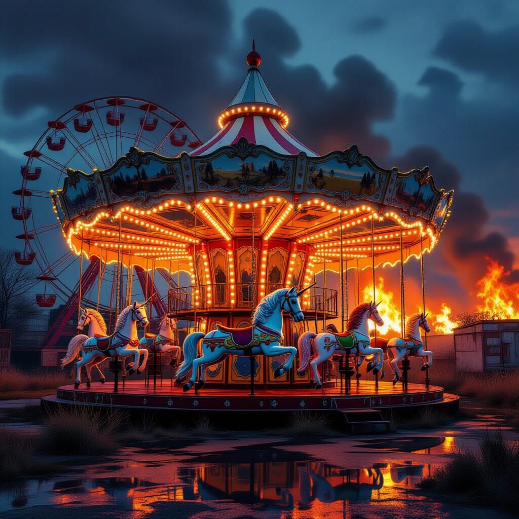 Abandoned Festival Carousel Amidst Fire