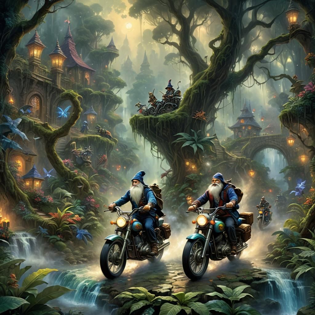 Wizards on Motorcycles in Fantasy Jungle