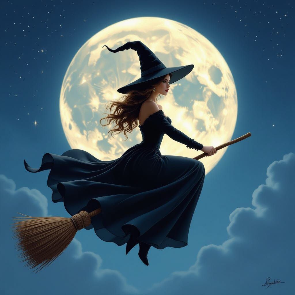 Bewitching Flight Under the Moon in Fantastical Realism