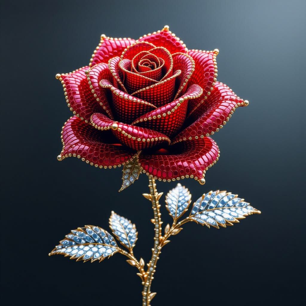Beaded Red Rose on Black Background, Digital Art