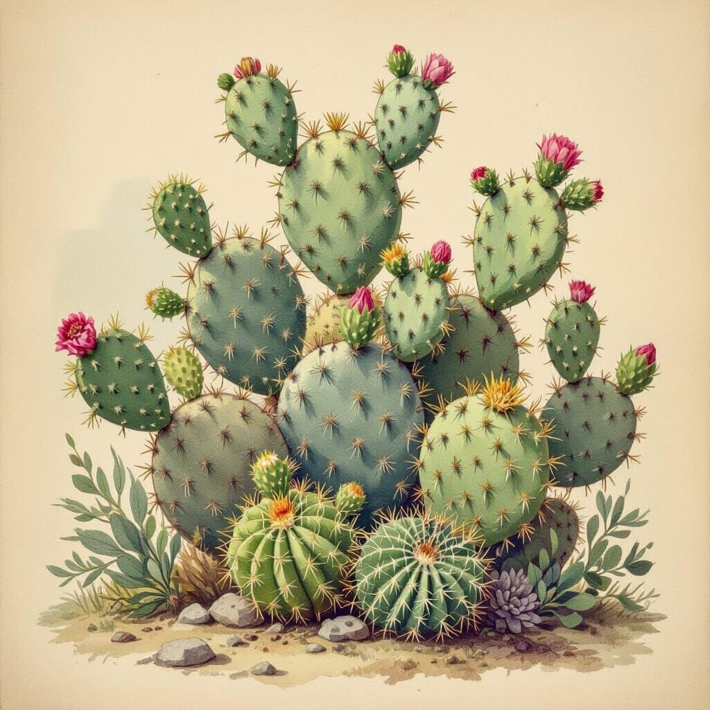 Antique Botanical Illustration of Cacti