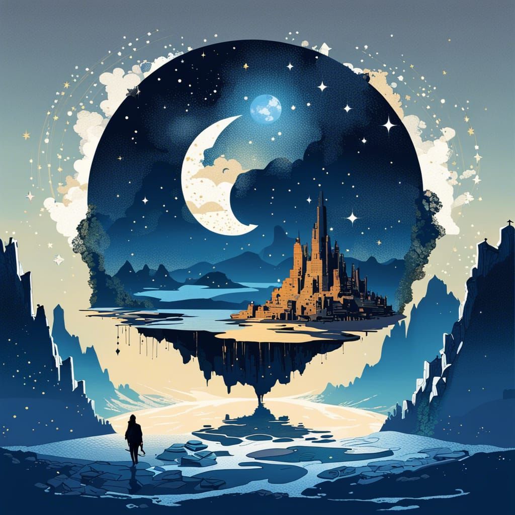 Snowy Floating Island City at Night