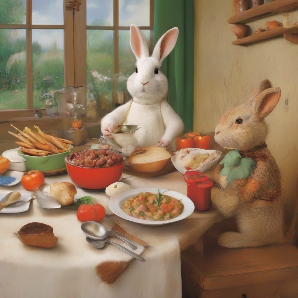 Whimsical Rabbit Stew Scene in Miro & Aardman Style