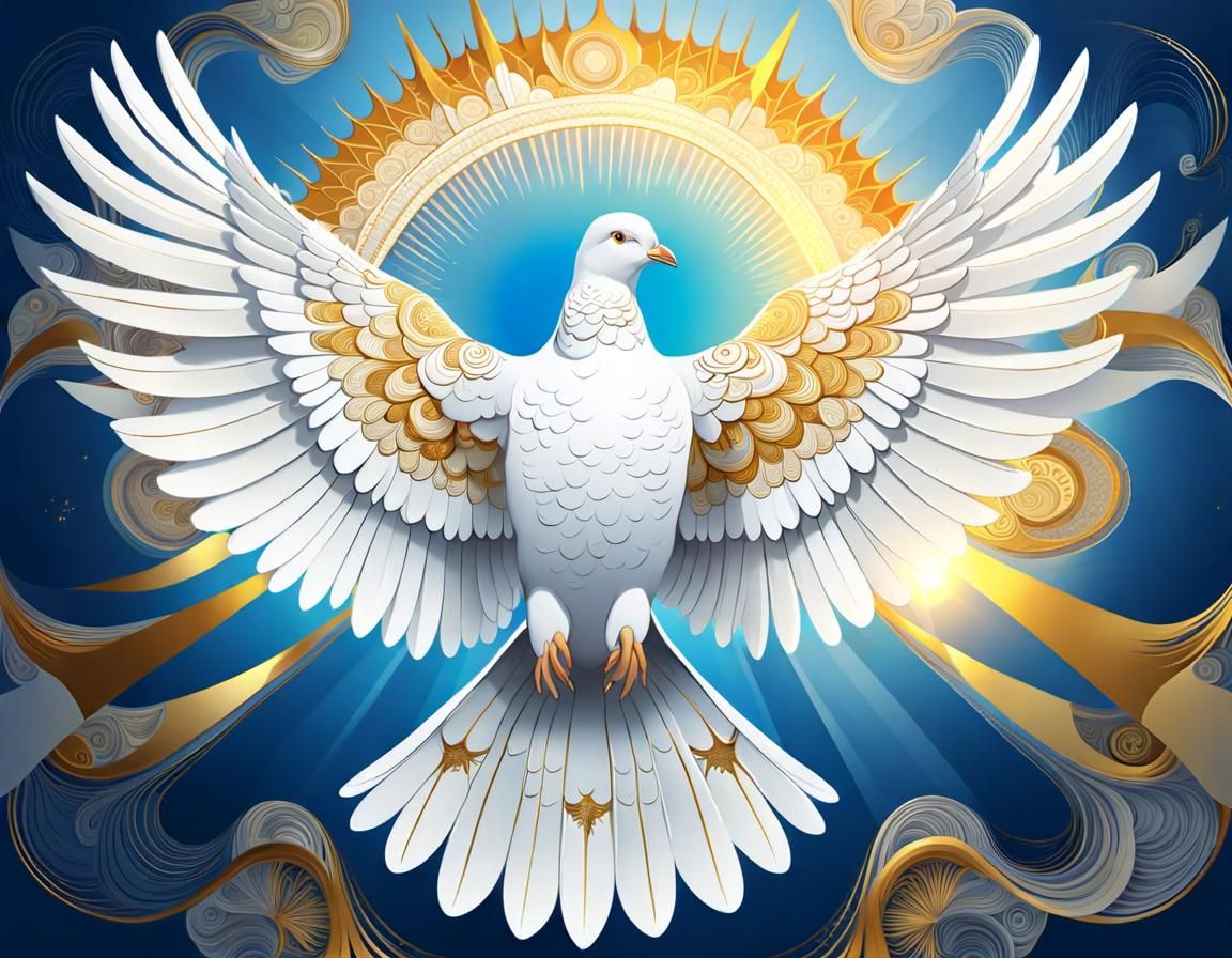 Dove with Golden Halo in Blue Sky