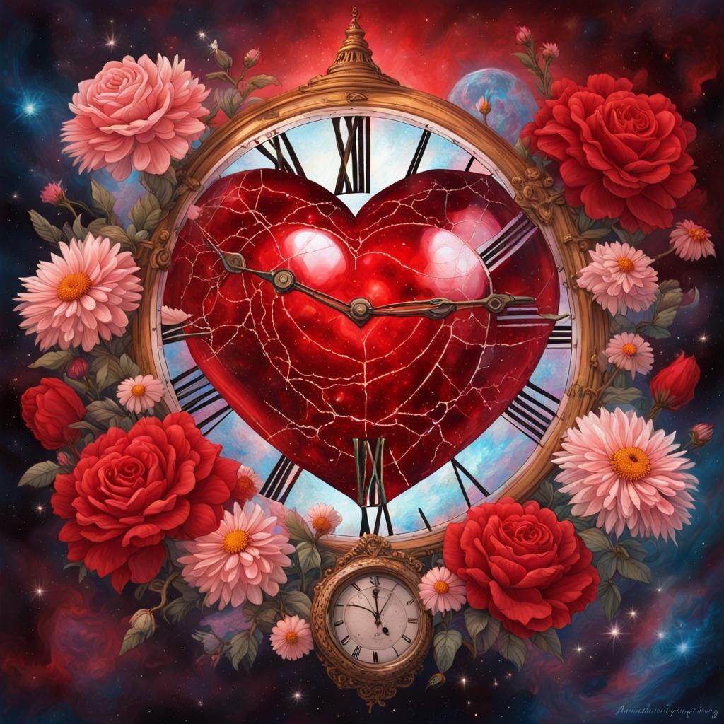 Cracked Heart Clock Surrounded by Cosmos and Flowers