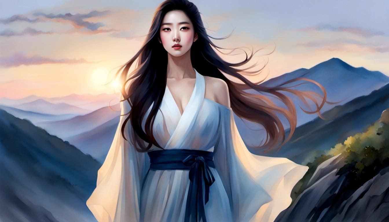 Korean Woman with Long Hair in Watercolor Style