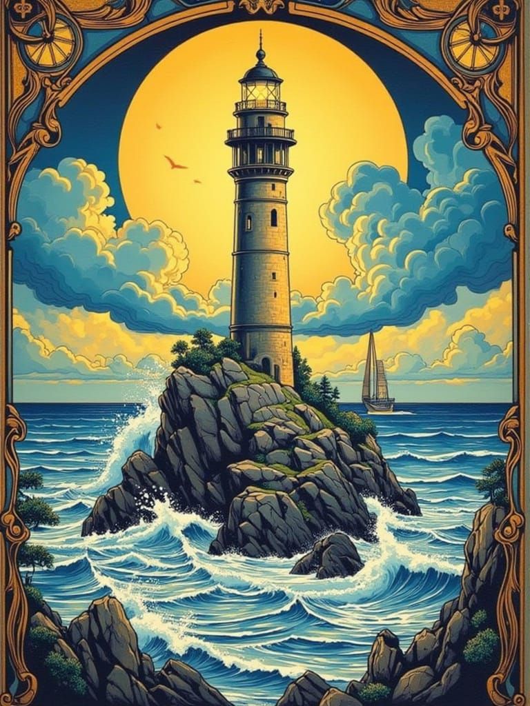 Art Nouveau Lighthouse in Golden Sunburst