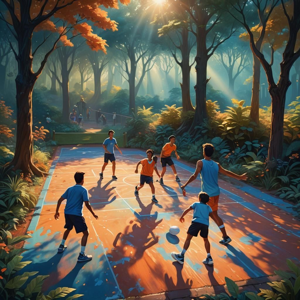 Friends Play Sport on Iridescent Court